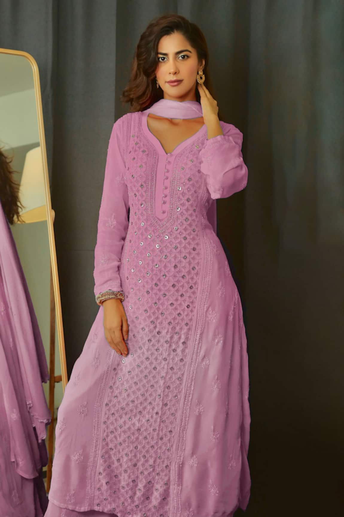 LABEL AISHWARYRIKA Georgette Chikankari Kurta Palazzo Set