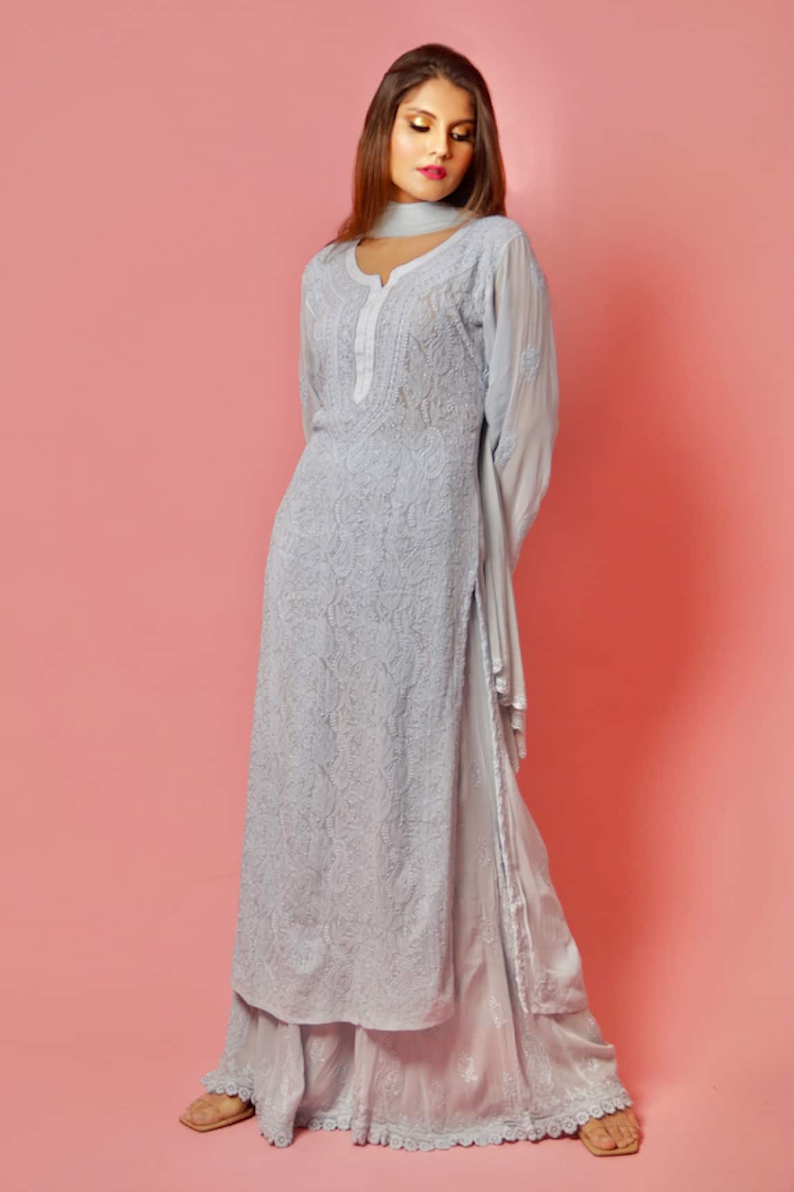 LABEL AISHWARYRIKA Georgette Chikankari Kurta Palazzo Set