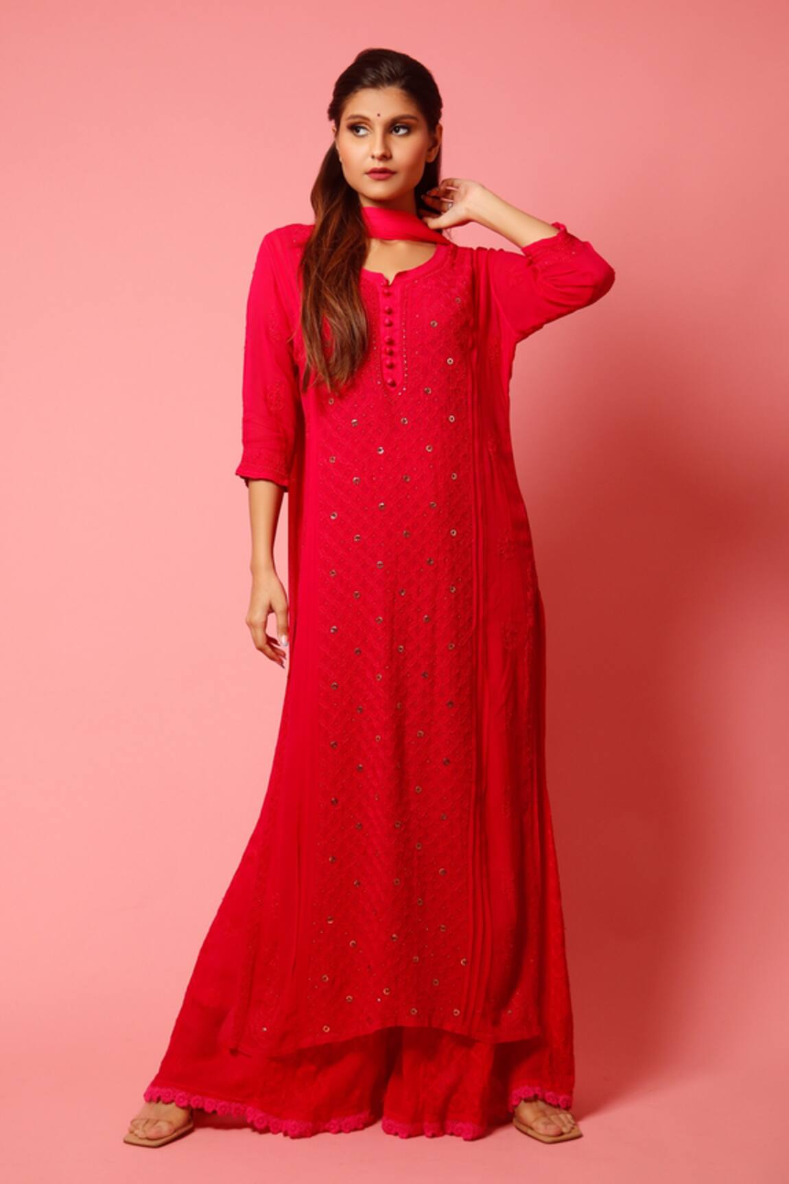 LABEL AISHWARYRIKA Georgette Chikankari Kurta Palazzo Set