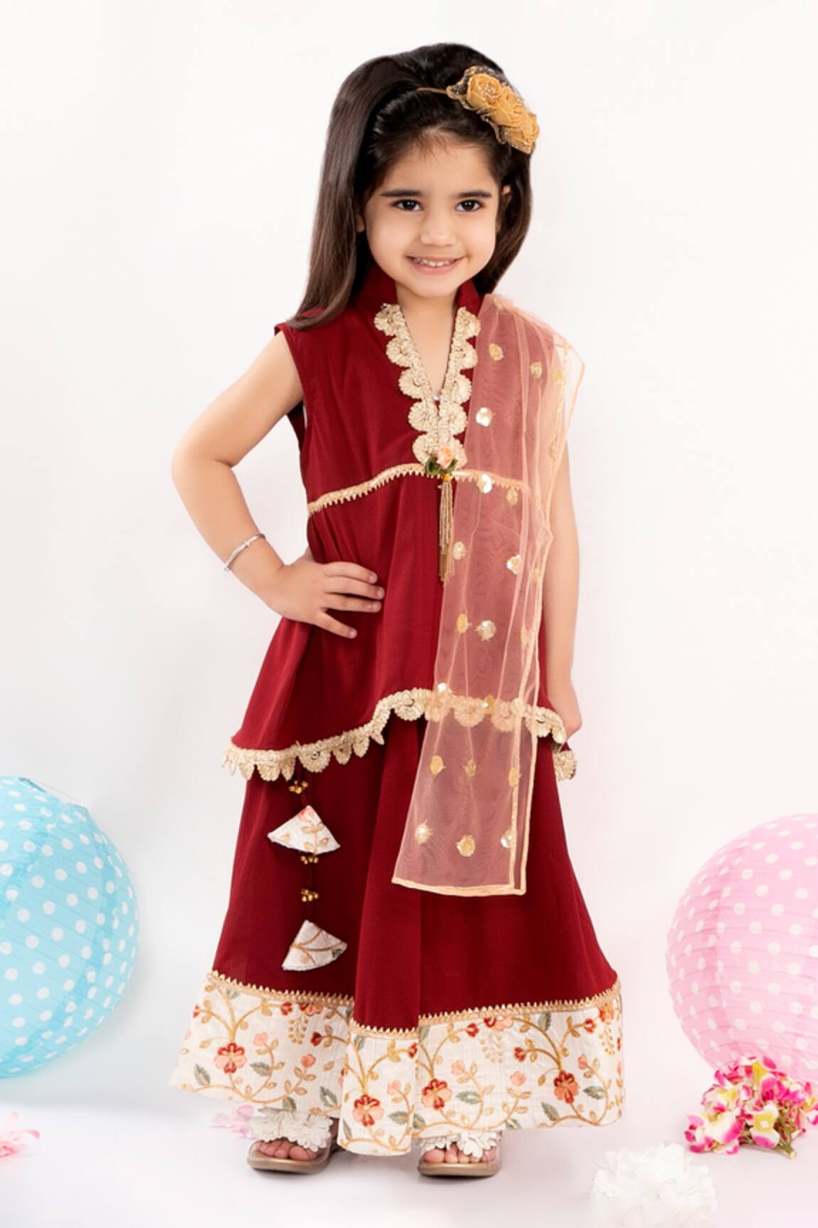 Little Bansi Lace Embroidered Kurta Lehenga Set