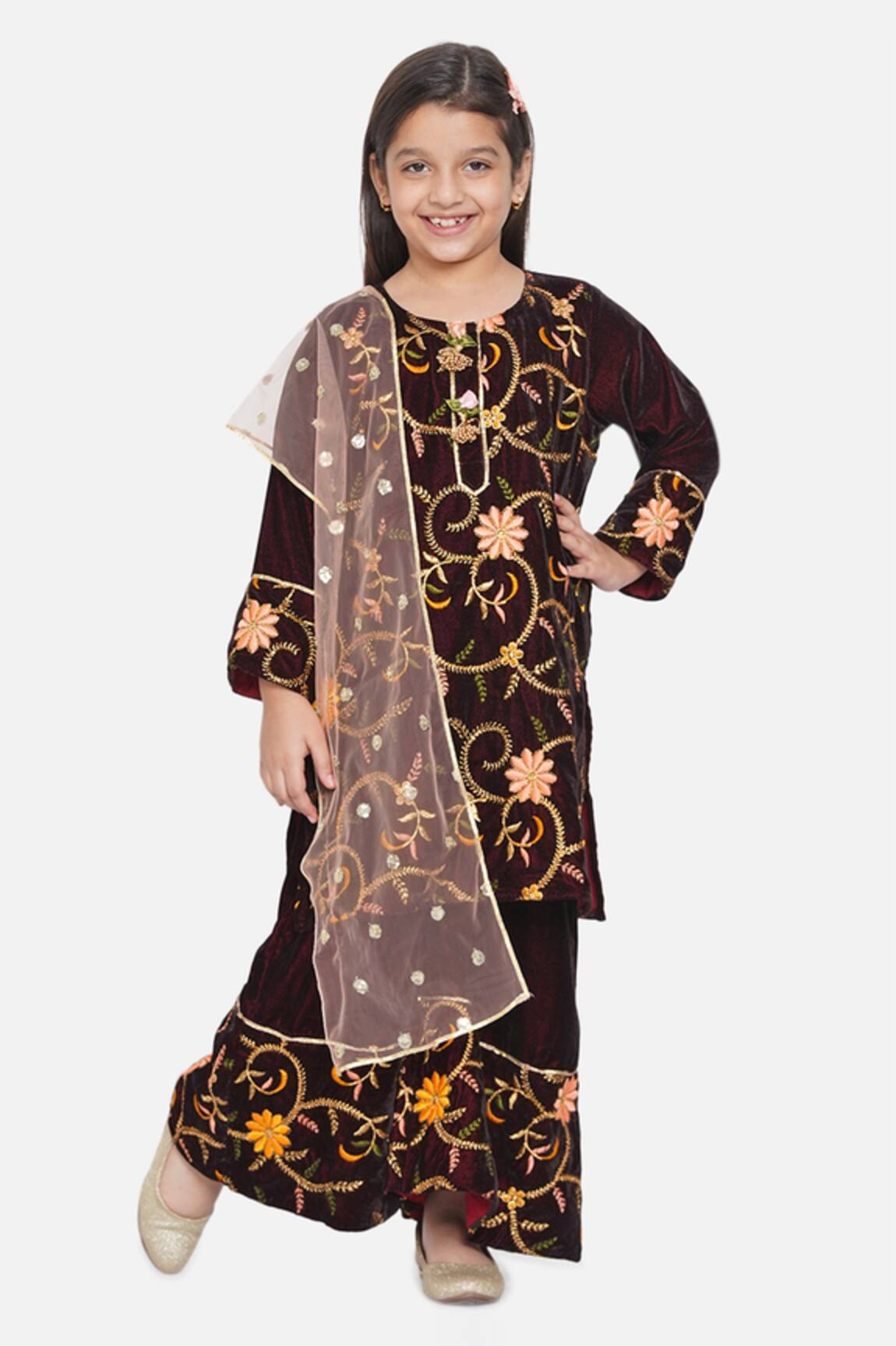 Little Bansi Velvet Floral Embroidered Kurta Set