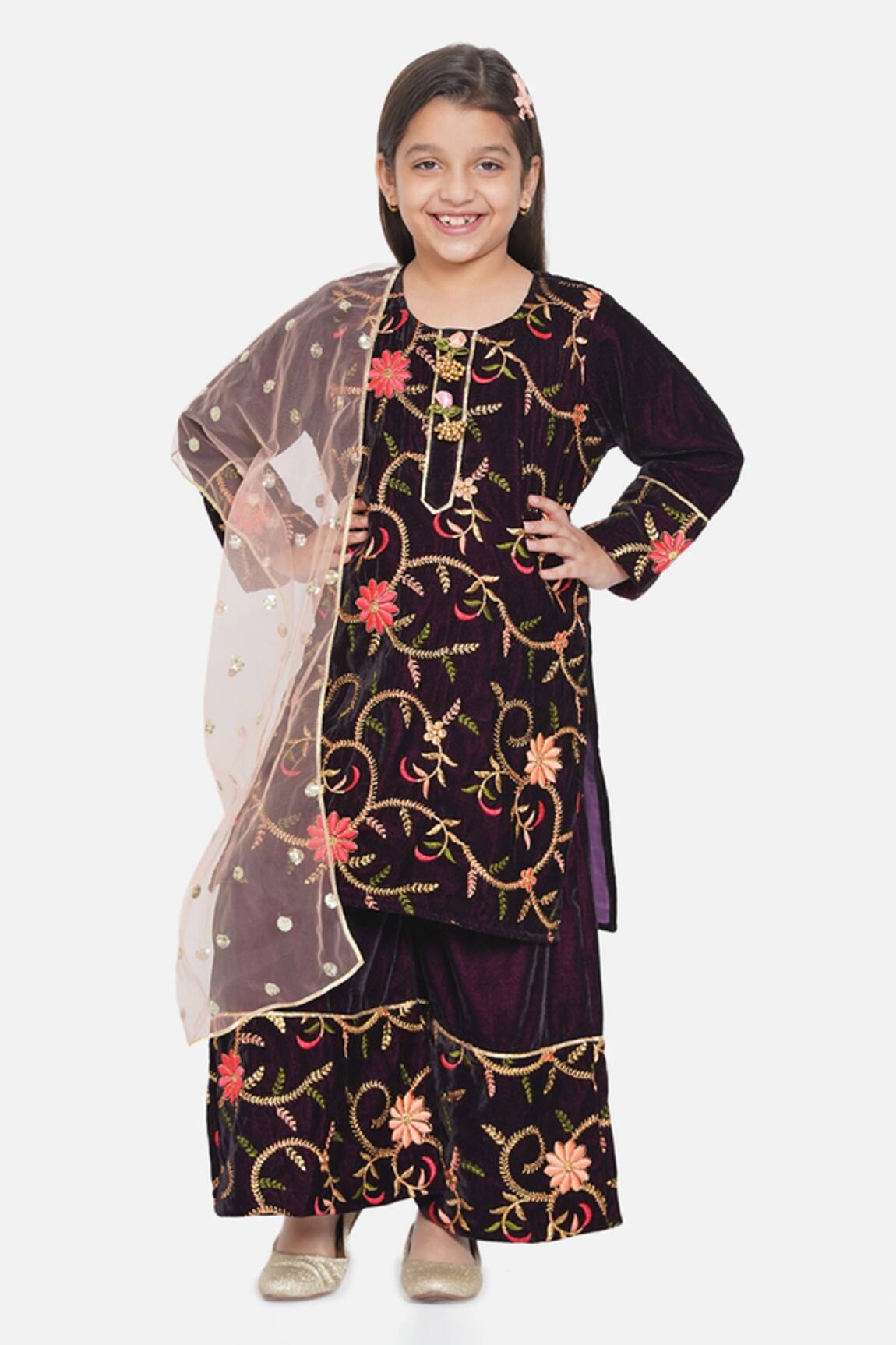 Little Bansi Velvet Floral Embroidered Kurta Set