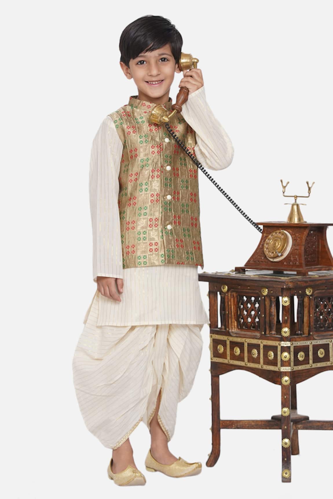 Little Bansi Beige Banarasi Bundi Dhoti Pant Set