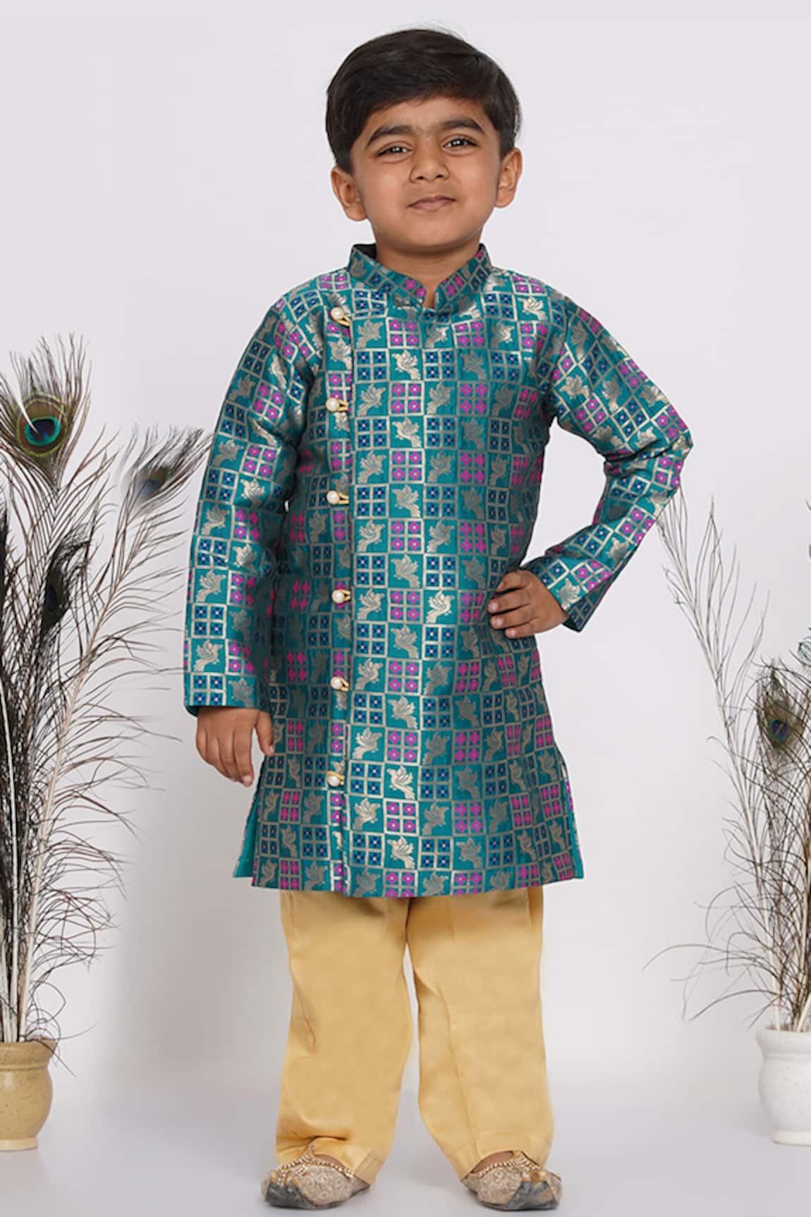 Little Bansi Peacock banarasi Sherwani & Pyjama Set 