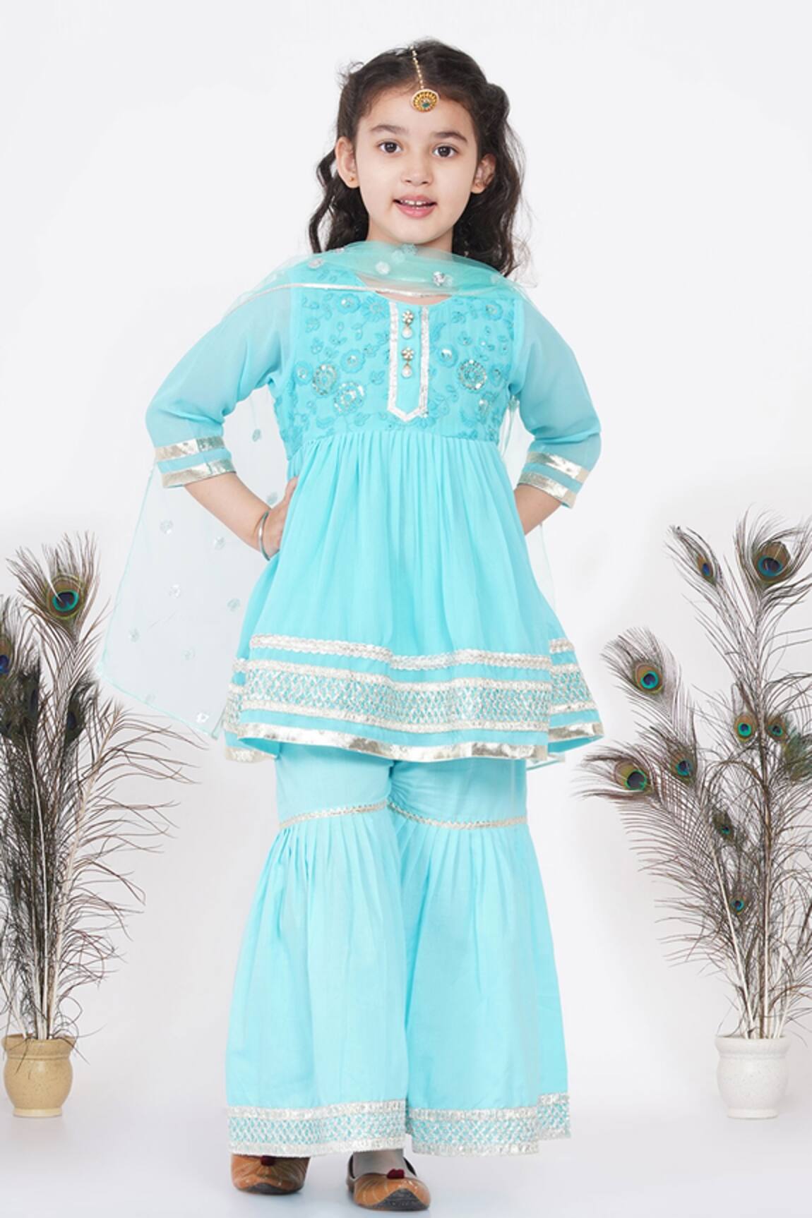 Little Bansi Floral Embroidered Kurta Sharara Set