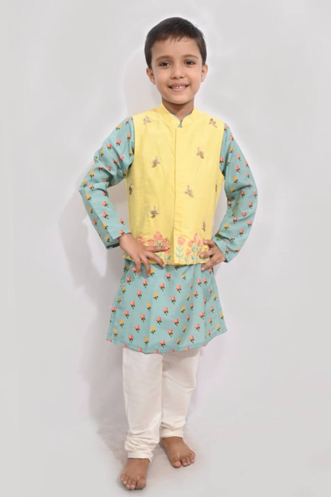 Little Brats Floral Embroidered Bundi Kurta Set 