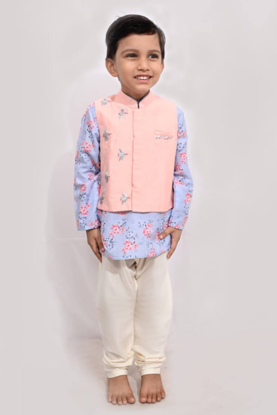 Little Brats Peach Bird Embroidered Bundi Kurta Set 