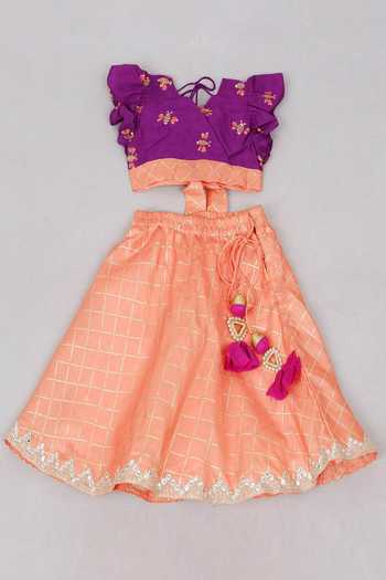Little Brats Embroidered Purple Top & Peach Lehenga Set 