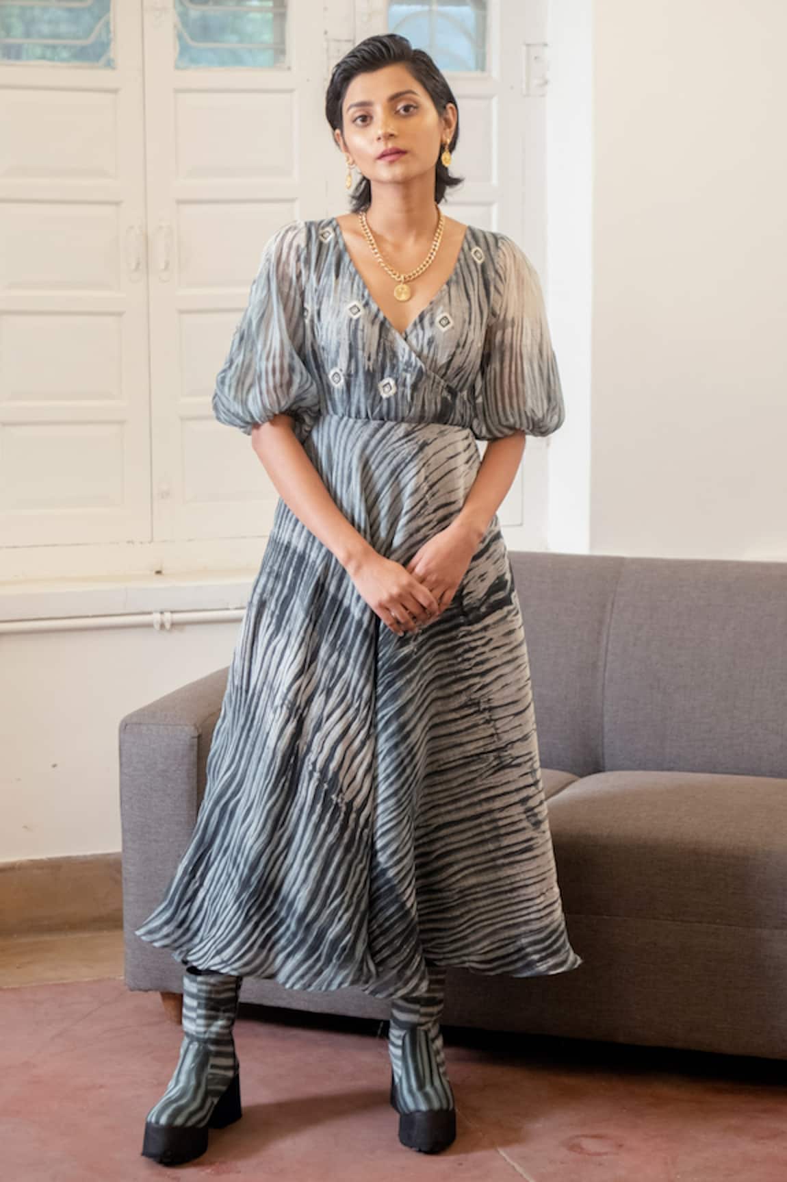 The Loom Art Shibori Puff Sleeve Dress