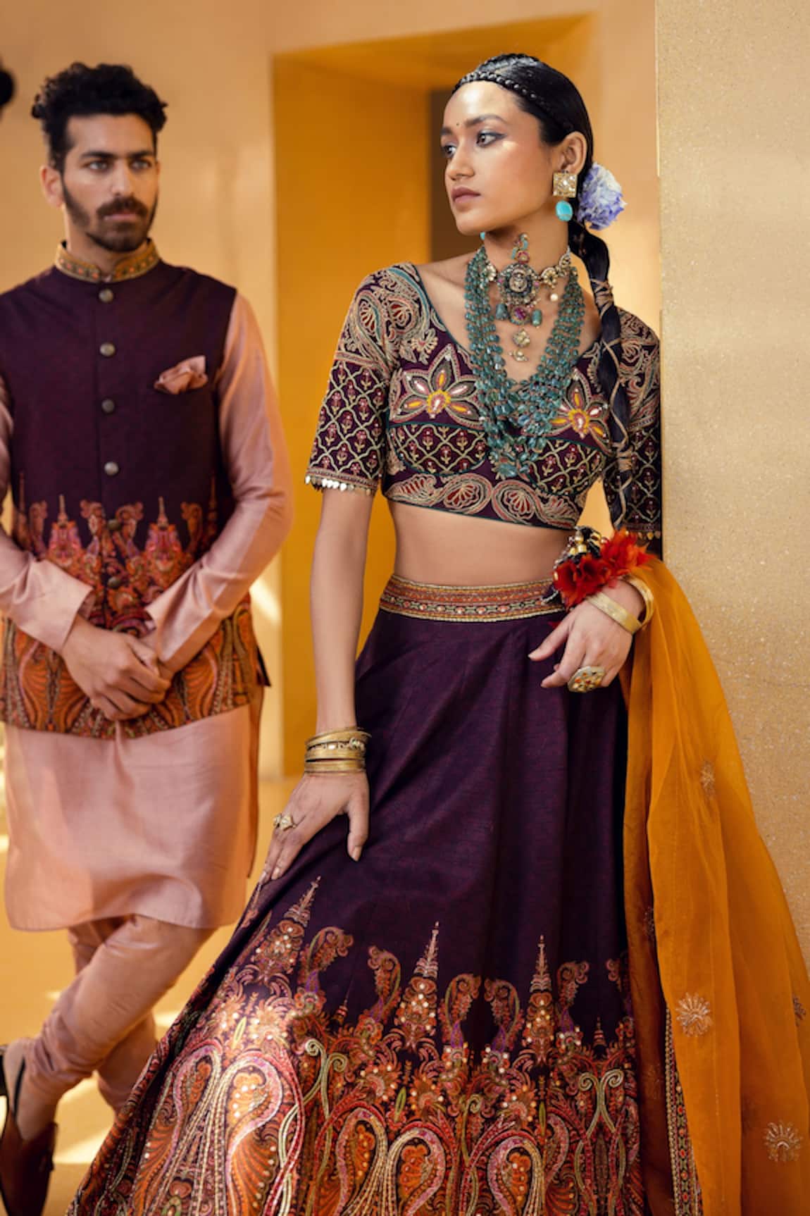 SILVER GREY LEHENGA SET WITH A HAND EMBROIDERED BLOUSE AND PATTERNED SKIRT  PAIRED WITH A MATCHING DUPATTA AND TASSELS. - Seasons India
