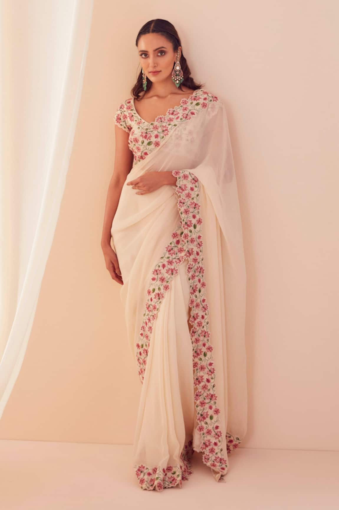Sanjev Marwaaha Floral Embroidered Ple-Pleated Saree With Blouse