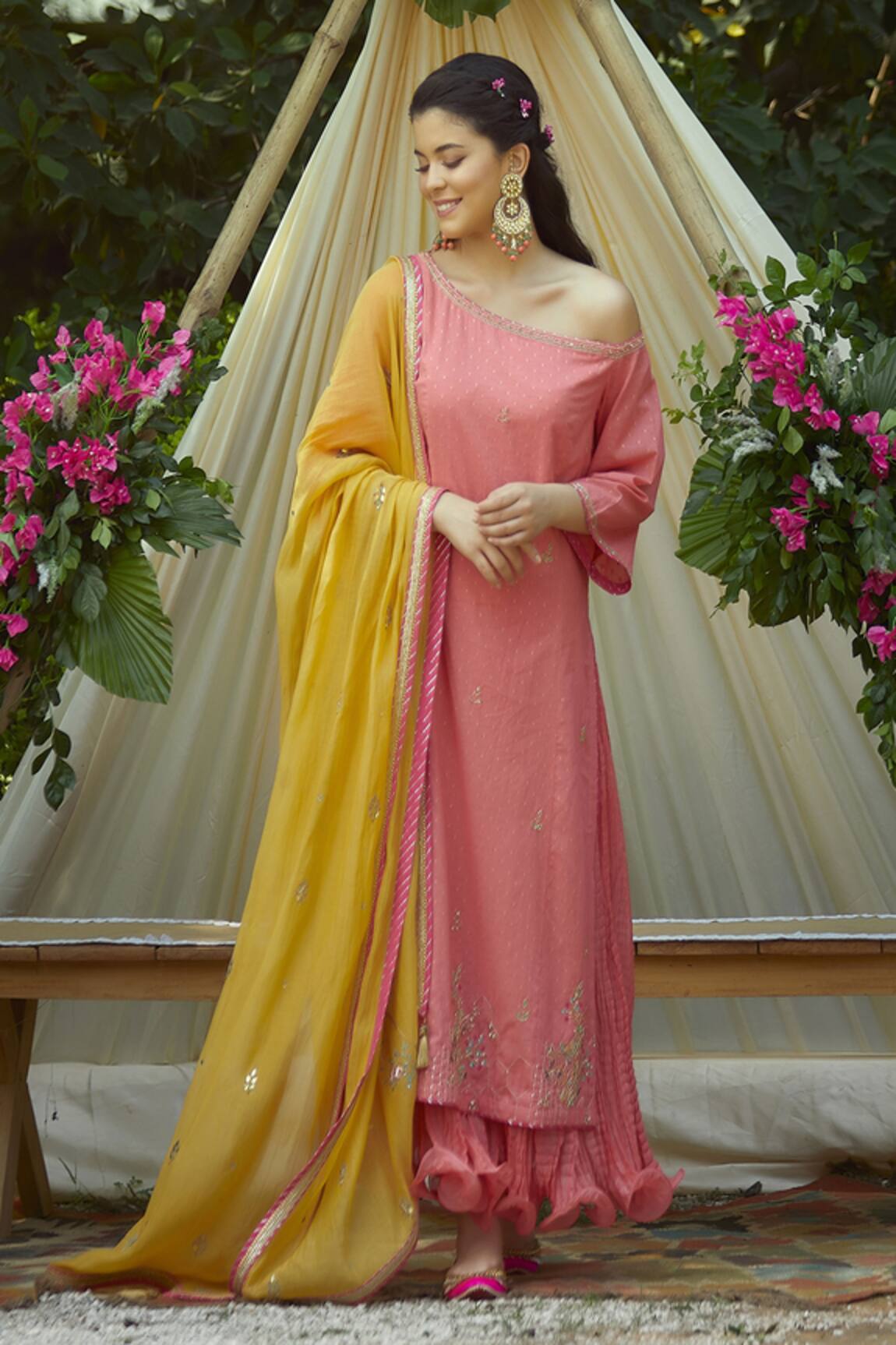 Mandira Wirk - Indian Off Shoulder Layered Kurta with Dupatta