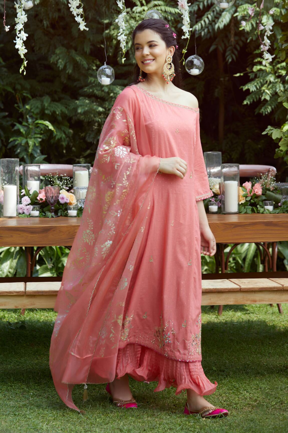 Mandira Wirk - Indian Off Shoulder Layered Kurta with Dupatta