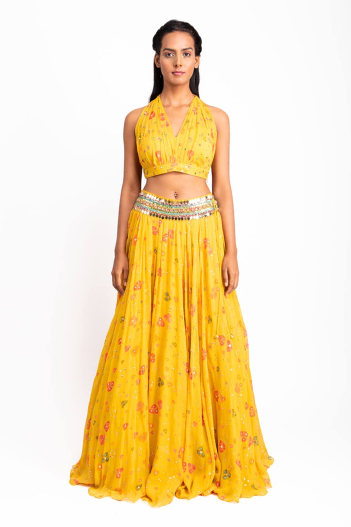 Prevasu Printed Lehenga With Halter Neck Blouse 