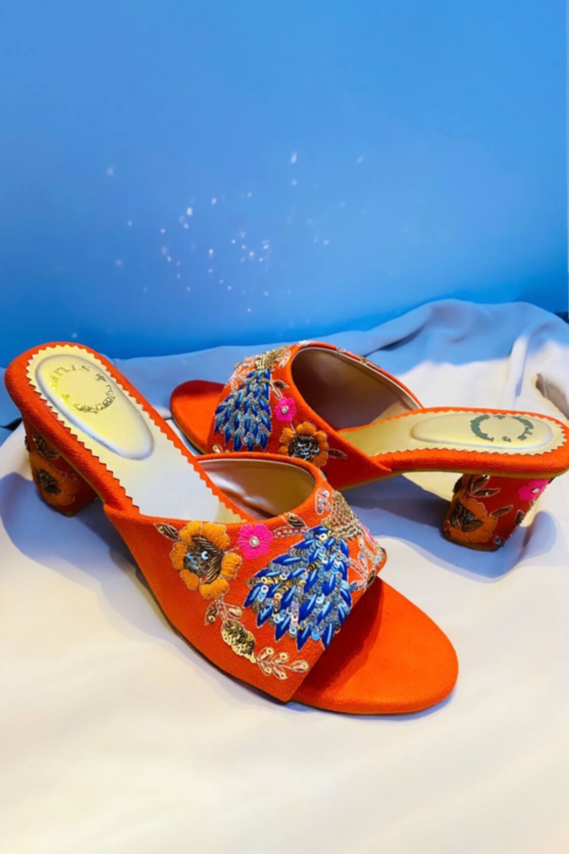 Shiveen Shiveen Embroidered Orange Block Heels