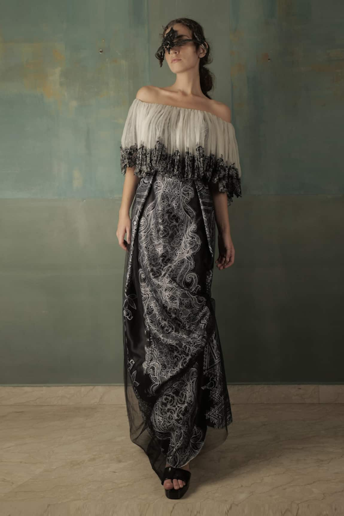 Nidhi Yasha Off Shoulder Abstract Print Gown