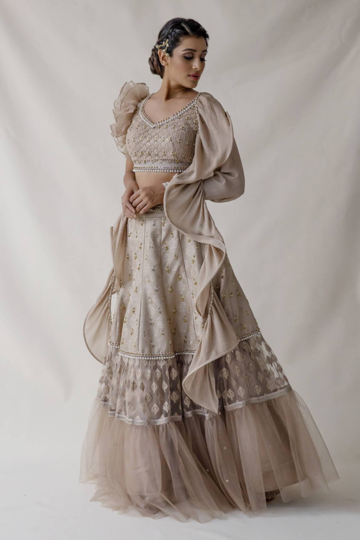 Merge Design Embroidered Ruffle Lehenga Set 