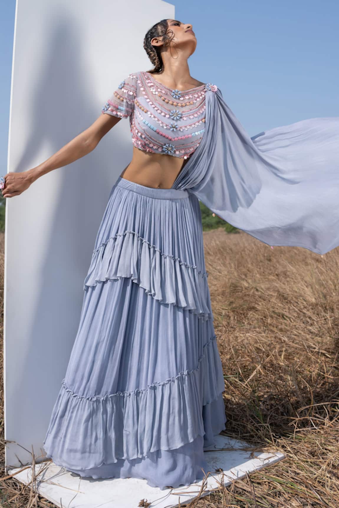 Merge Design Layered Pleated Lehenga Set