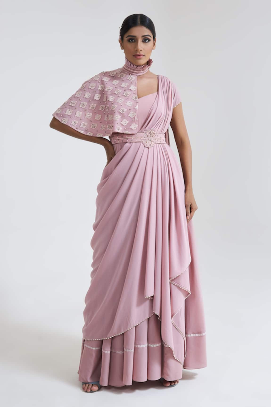 Merge Design Saree Gown With One Sided Cape Collar