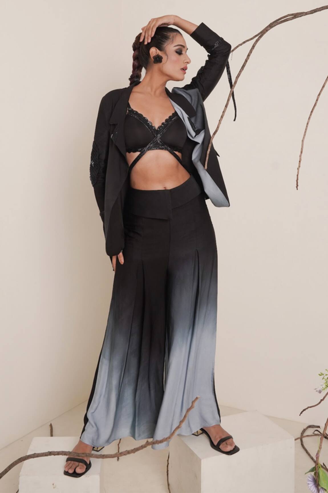 Merge Design Embroidered Top Flared Pant Set