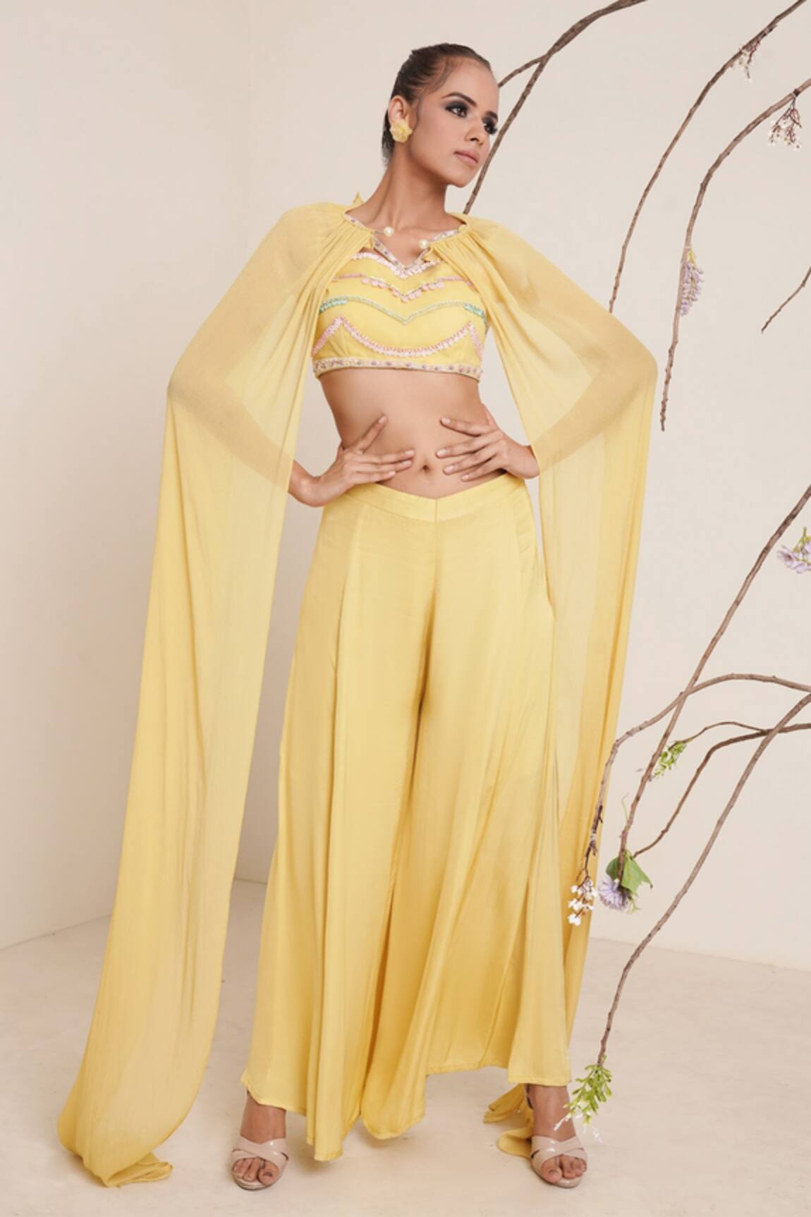 Merge Design Embroidered Top Flared Pant Set