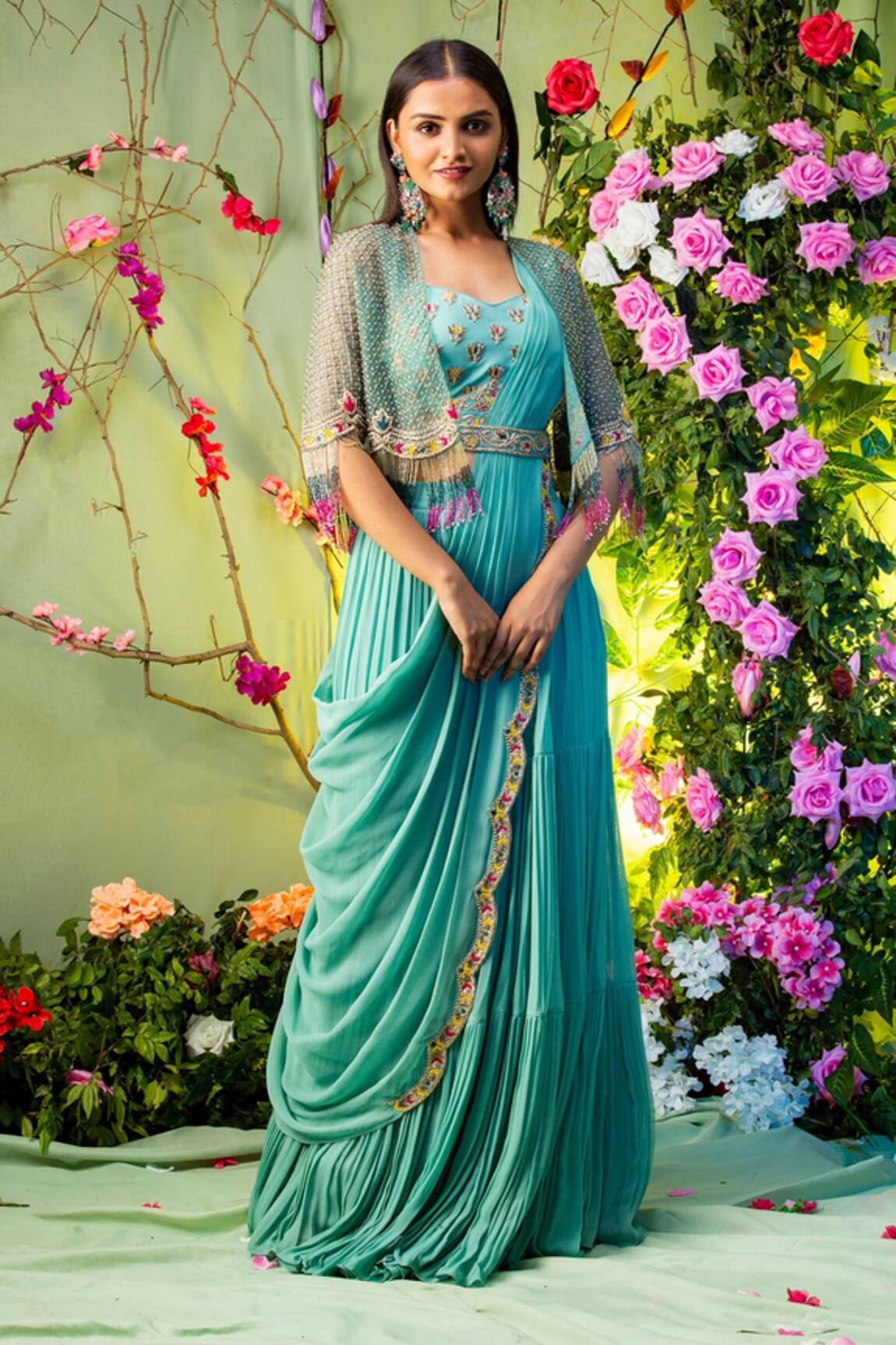 Miku Kumar Embroidered Cape Lehenga Set