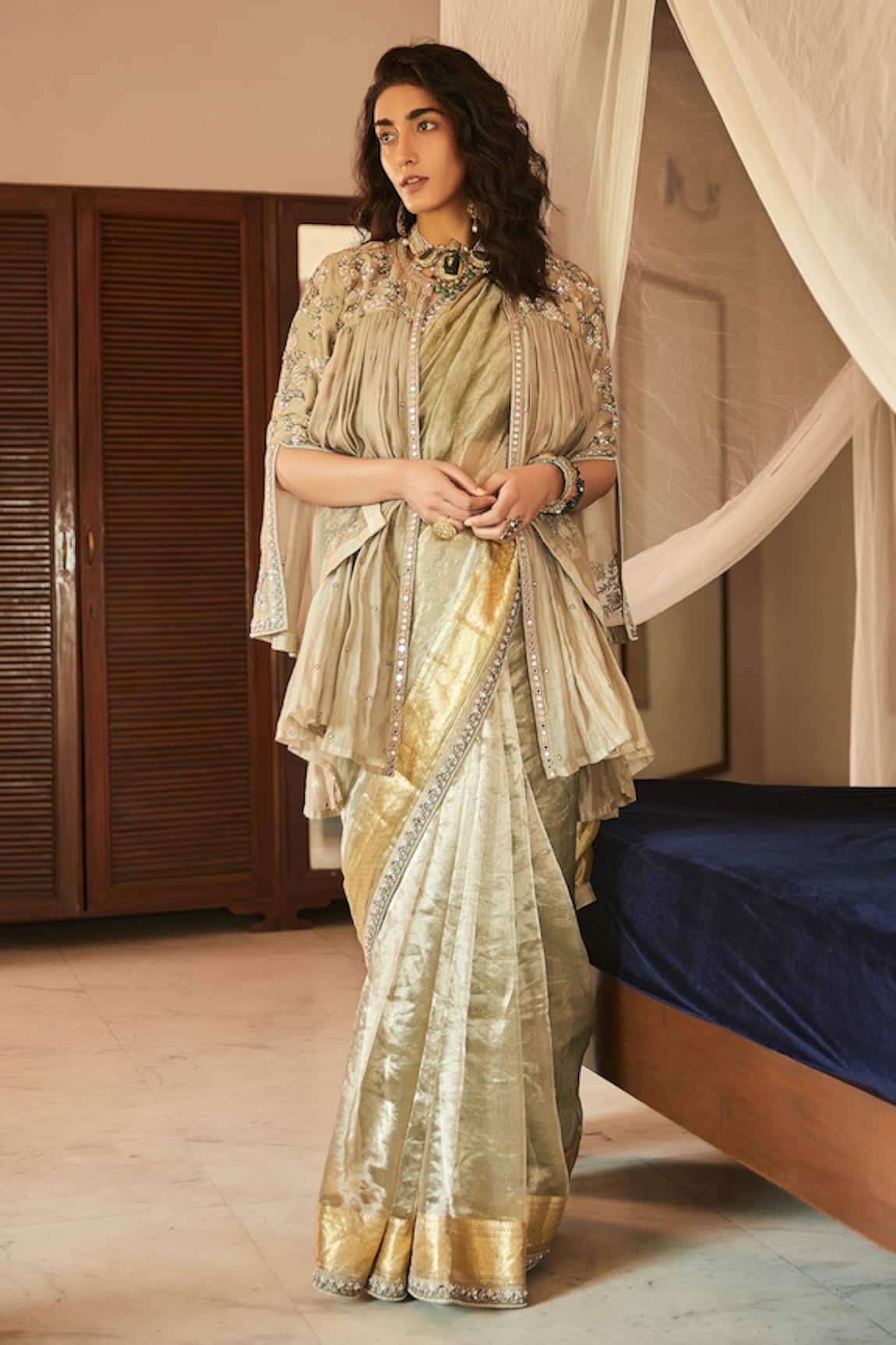 Matsya Embroidered Tissue Saree & Jacket Set