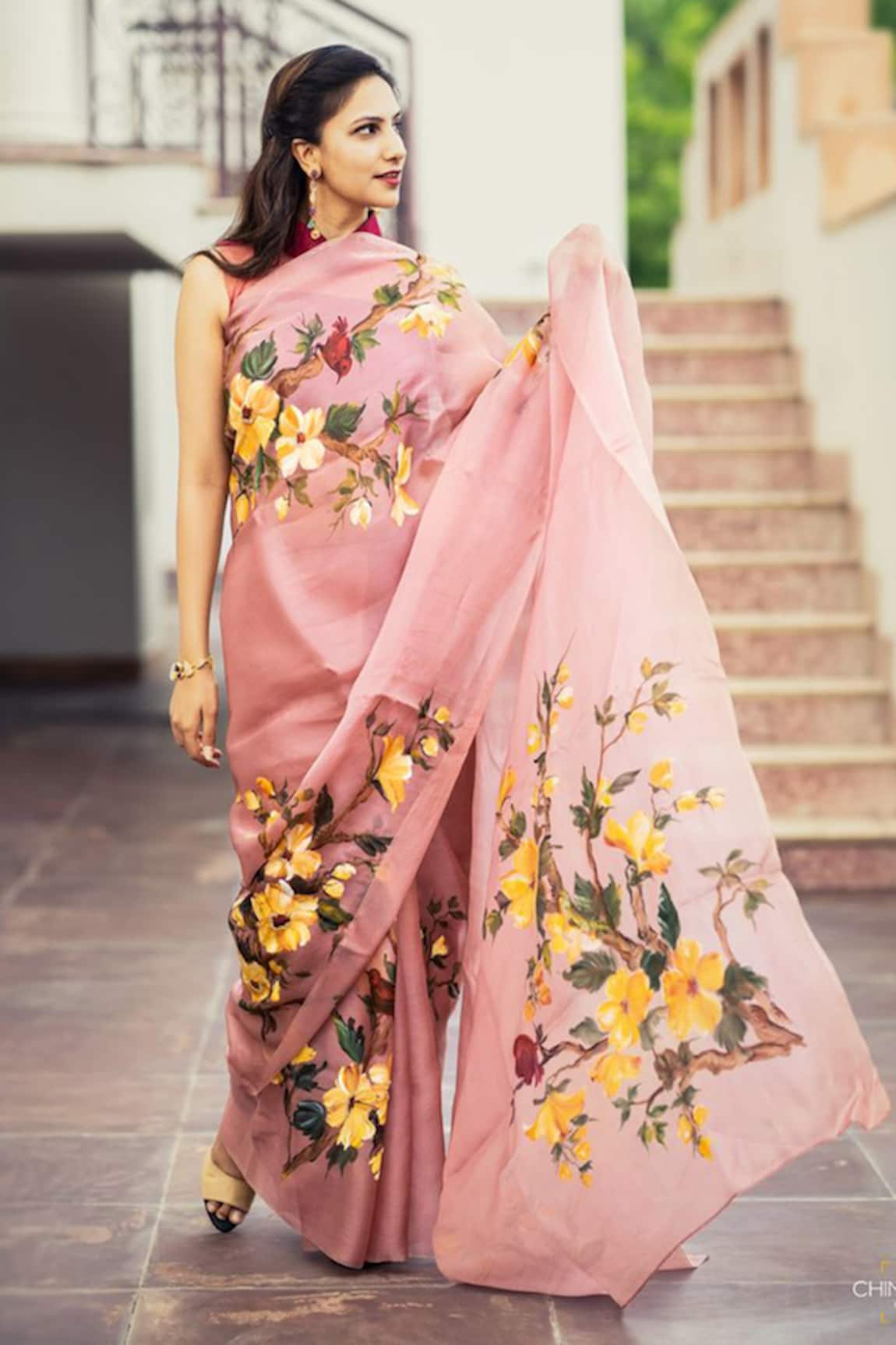 Muksweta Organza Silk Satin Hand Painted Saree