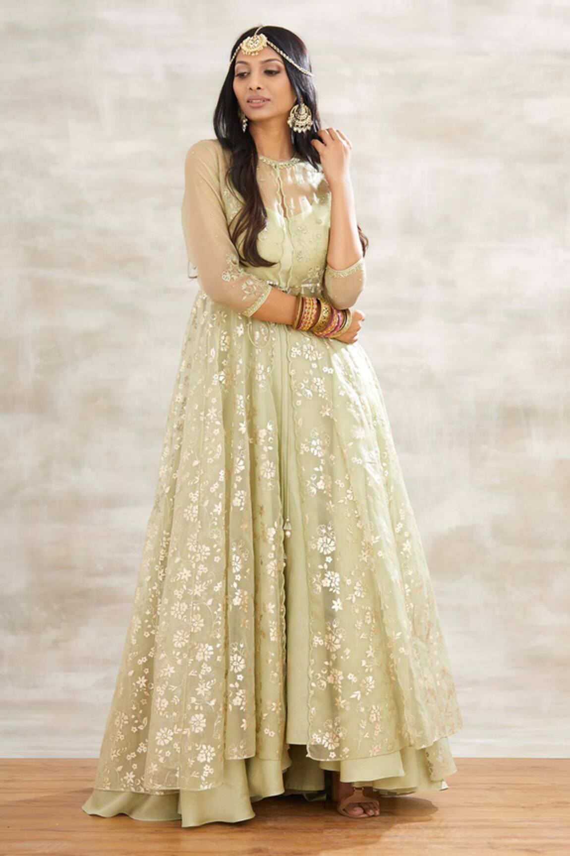 Mandira Wirk - Indian Chanderi Anarkali with Embroidered Organza Jacket
