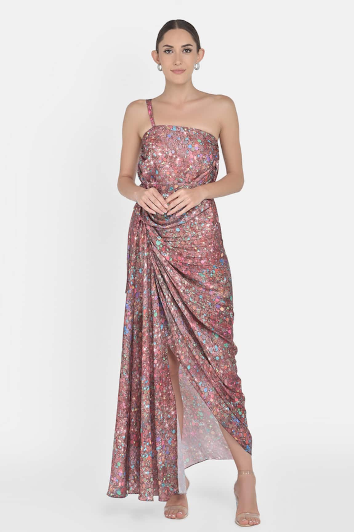 NA-KA Crepe Satin Printed One Shoulder Dress