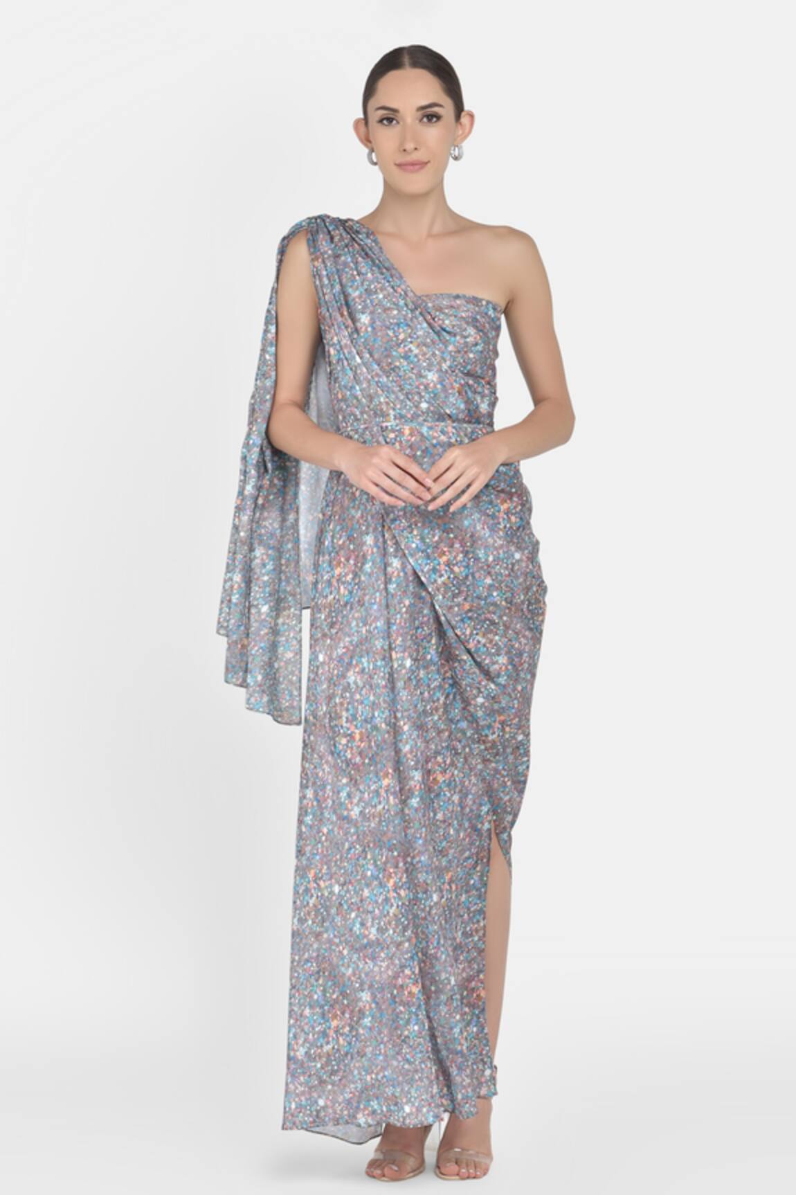 NA-KA Crepe Satin Printed One Shoulder Dress 