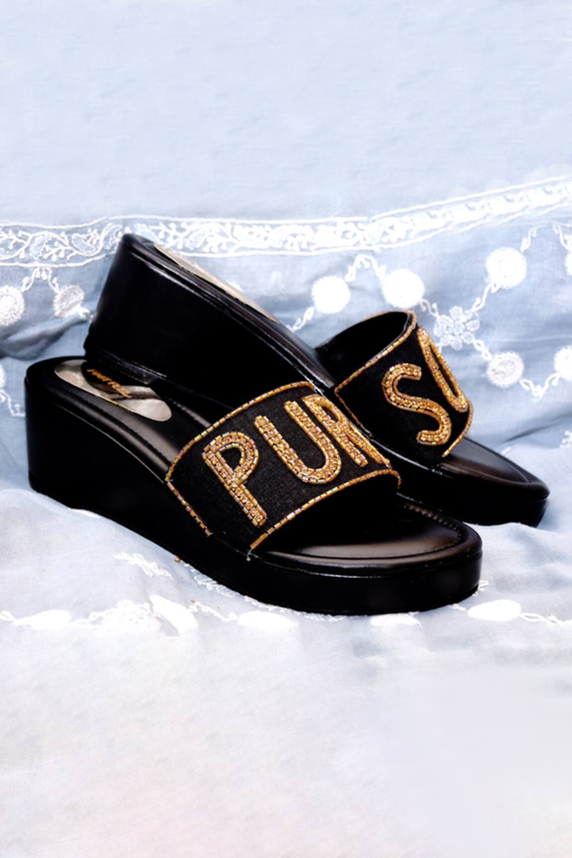 Foot Fuel Typography Embellished Black Wedges 