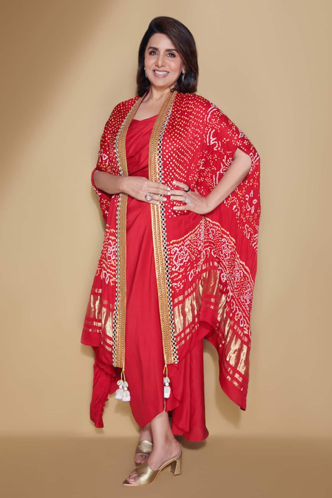 Tisha Saksena Silk Draped Dress with Bandhani Cape