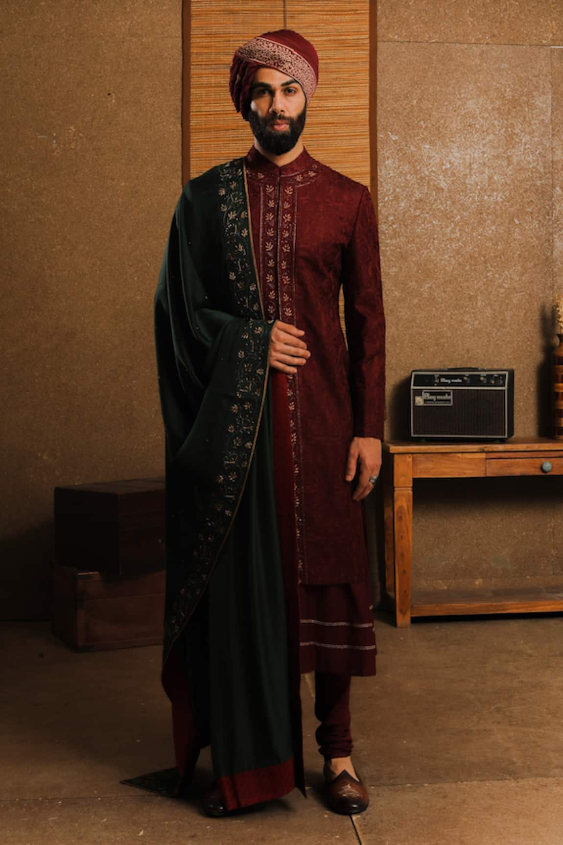 Punit Arora Silk Band Collar Sherwani Set