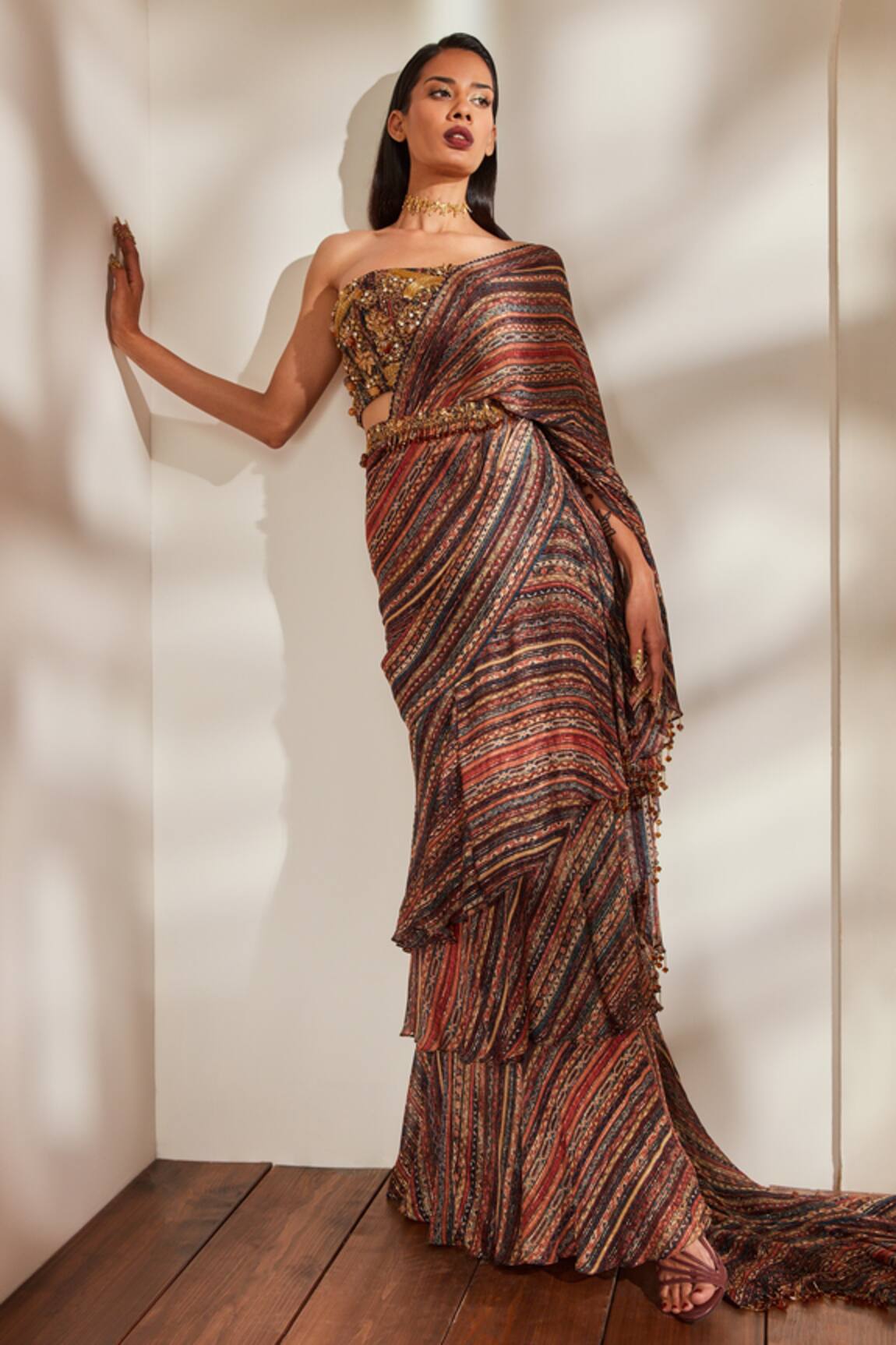 Nikita Mhaisalkar Striped Ruffle Saree With Blouse