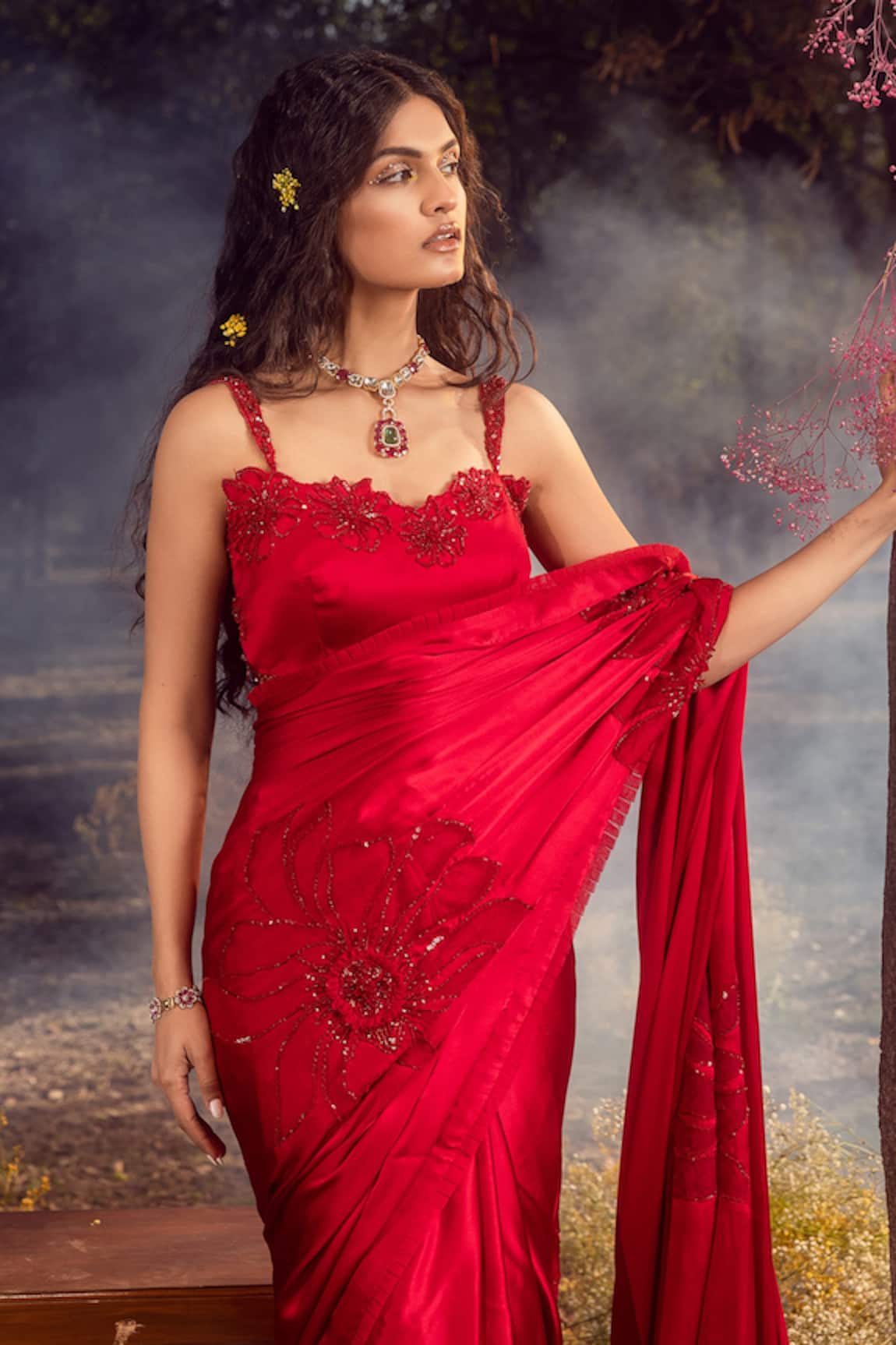 Red Designer Embroidery Stone Work saree in Vichitra Silk UK - SR19768