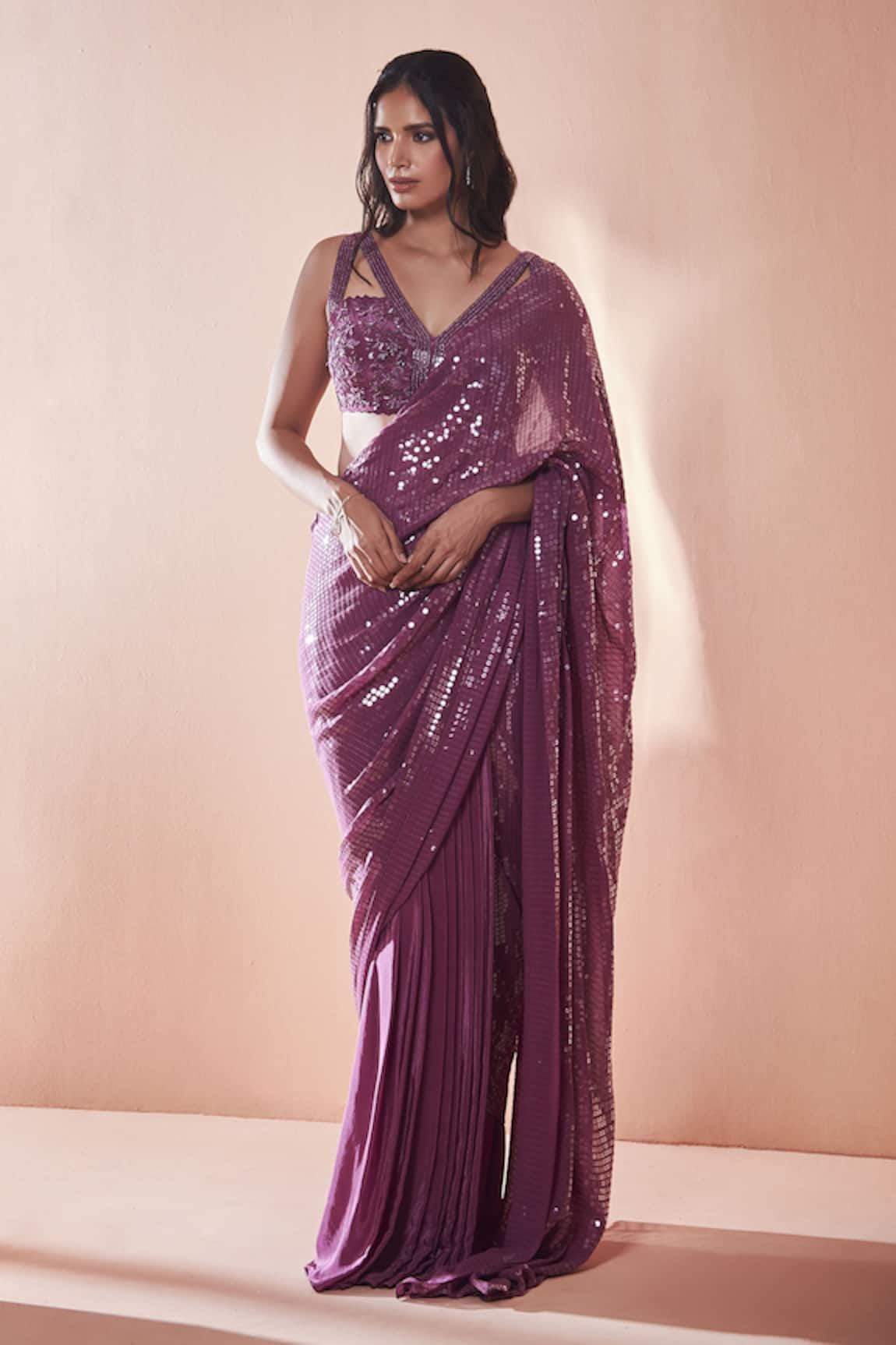 Niamh By Kriti Sequin Work Pre-Draped Saree With Blouse
