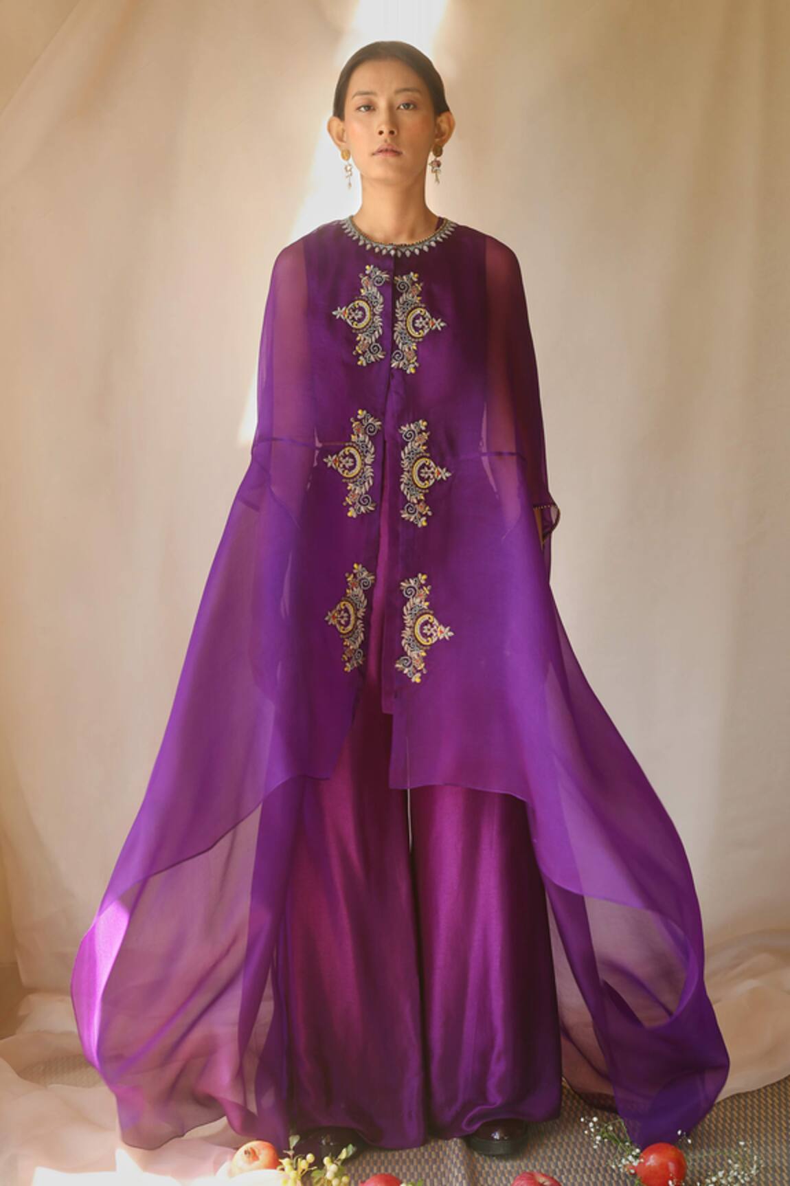 Neha Poddar Organza Cape with Silk Pant Set 