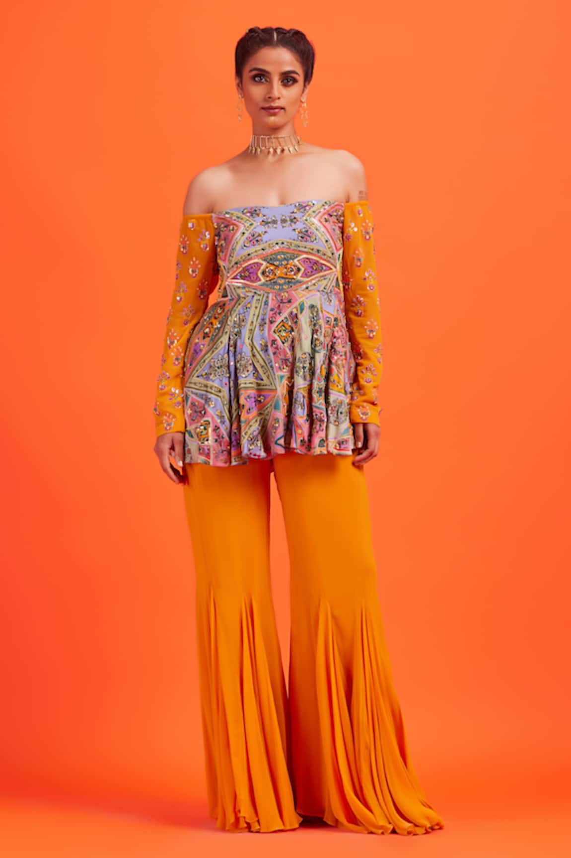 Diyarajvvir Printed Off Shoulder Kurta & Pant Set