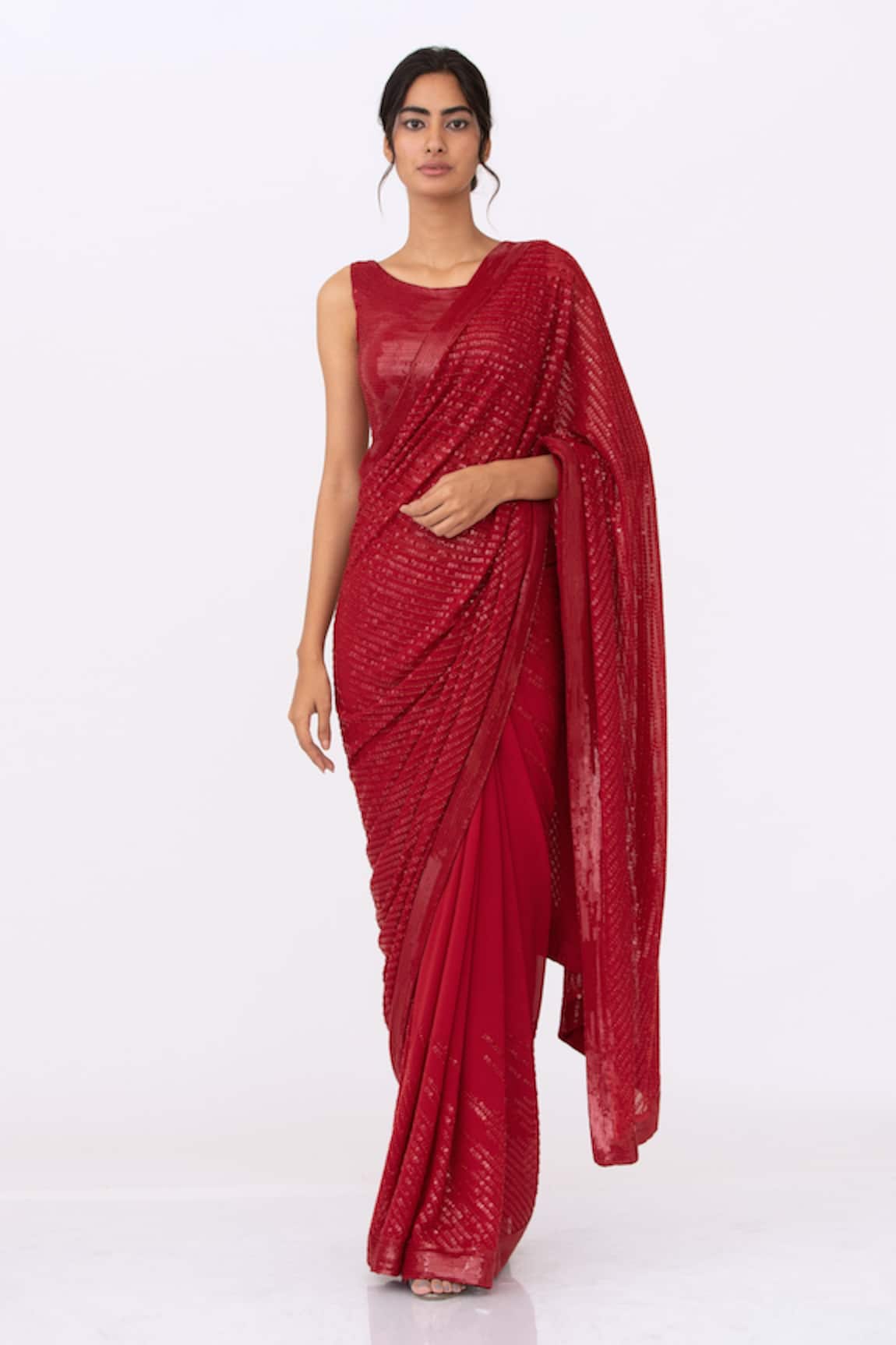 Nakul Sen Chiffon Sequin Striped Saree Set