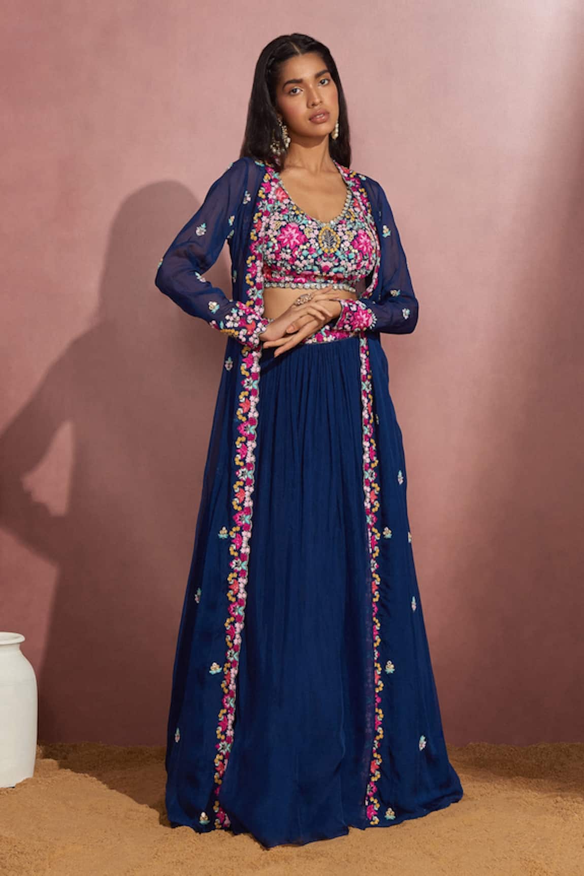 Aneesh Agarwaal Embroidered Cape & Pleated Skirt Set 