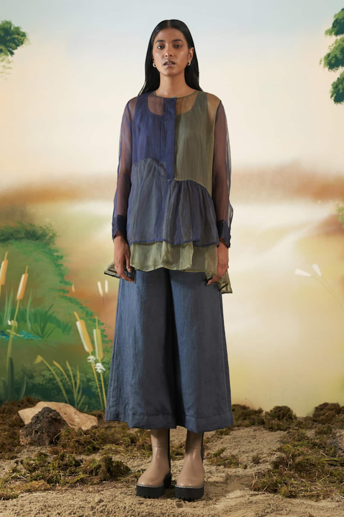 Febo6 Silk Organza Color Block Top