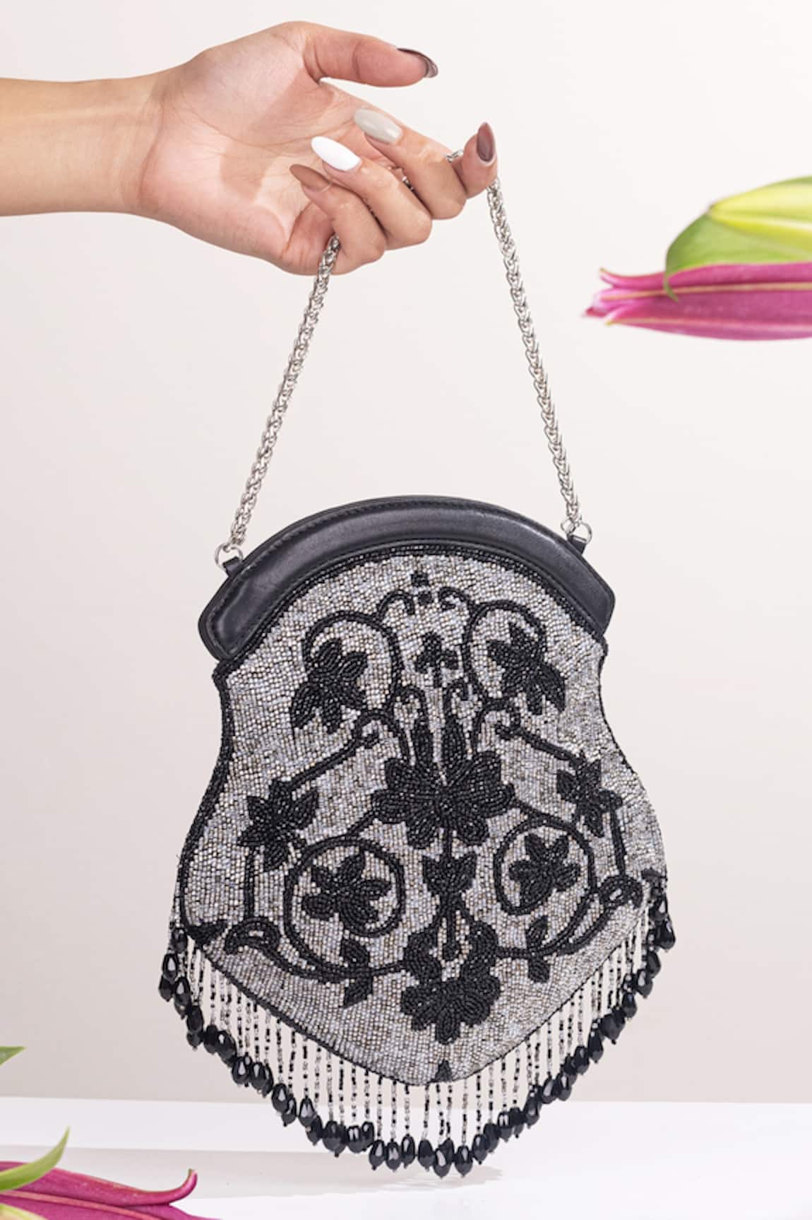 The Leather Garden Orchid Embellished Potli Bag With Sling 