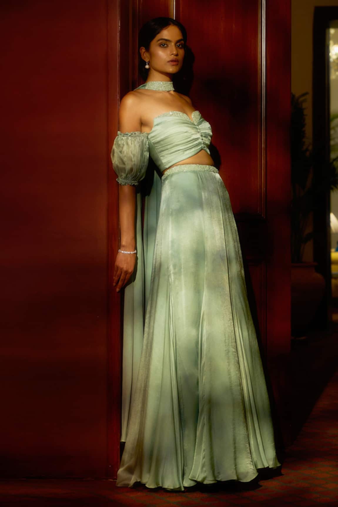 Parshya Placement Embroidered Lehenga & Off Shoulder Blouse Set