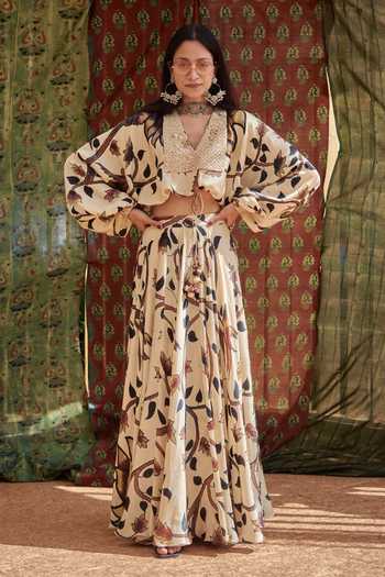 Punit Balana Silk Chanderi Floral Print Skirt Set 