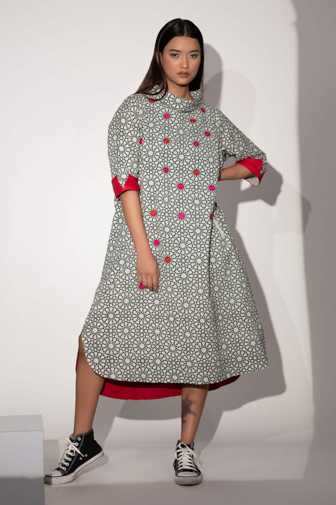 Taika By Poonam Bhagat Red Dot Cotton Linen Dress 