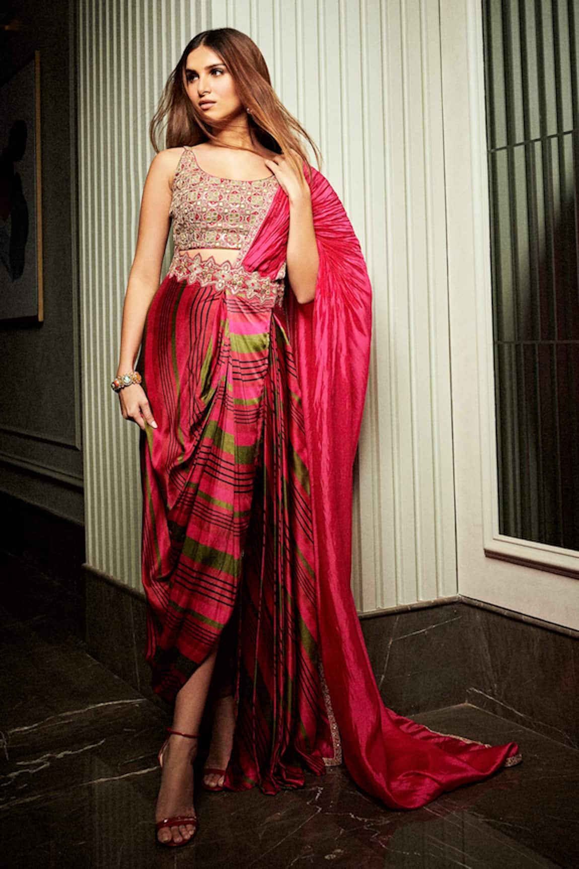 PUNIT BALANA Satin Silk Pre-Draped Saree with Blouse