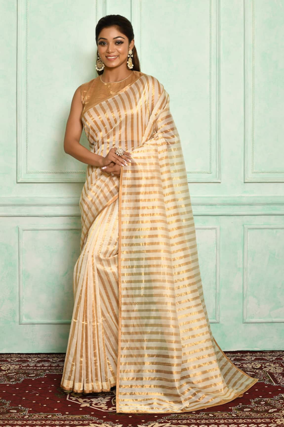 Pranay Baidya Handwoven Tissue Stripe Saree 