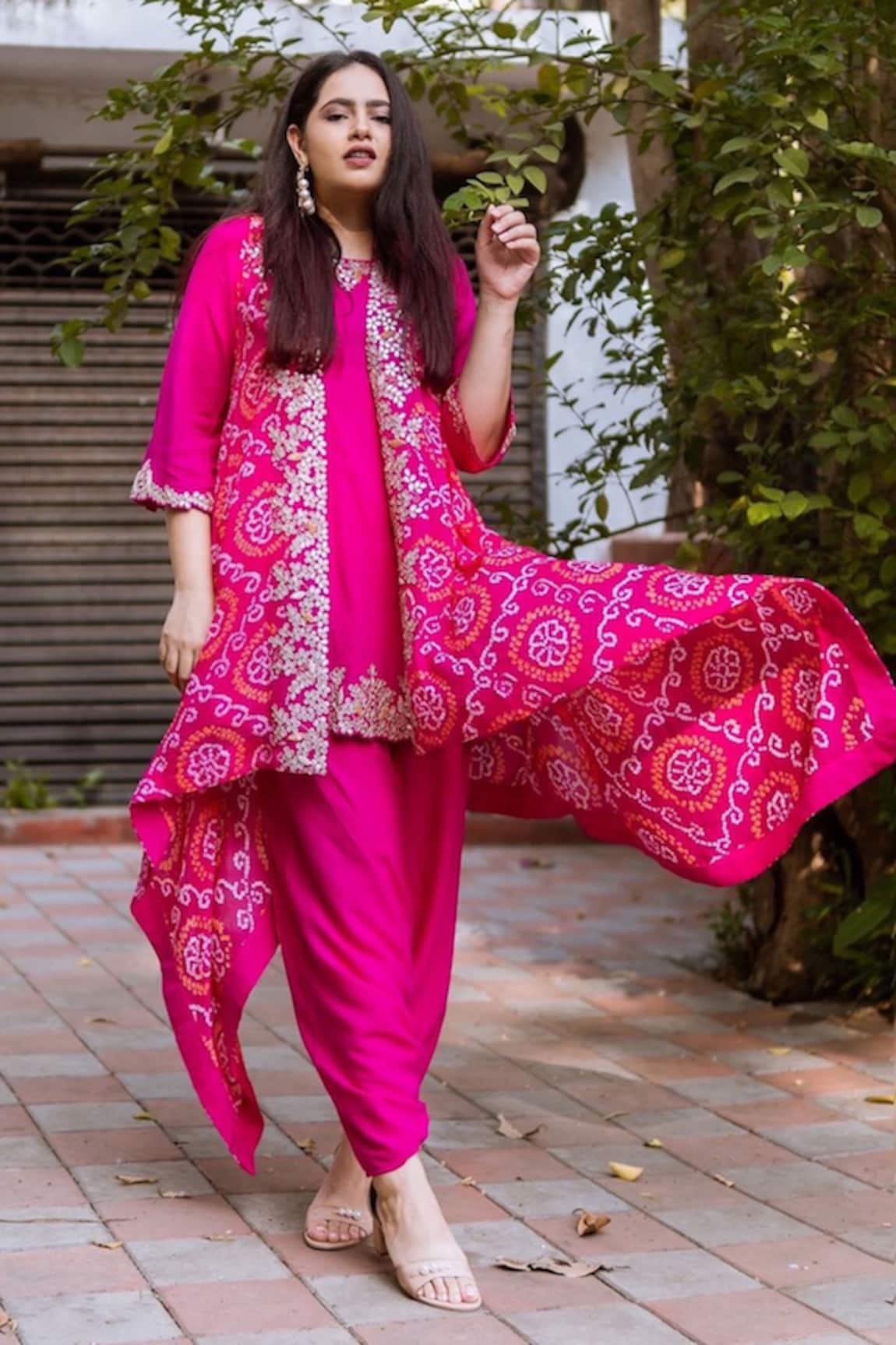 Pink City Embroidered Silk Kurta Dhoti Pant Set with Jacket