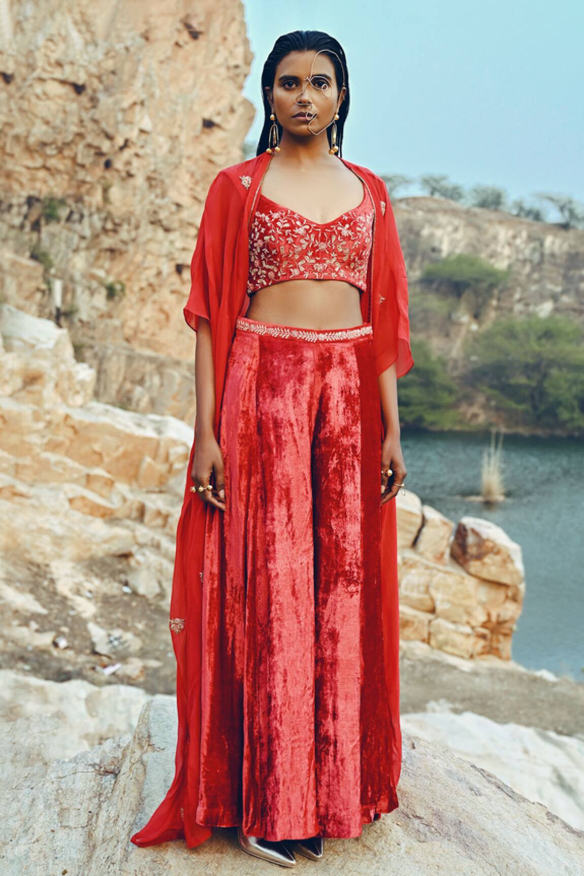 EASE Velvet Palazzo Set With Jacket